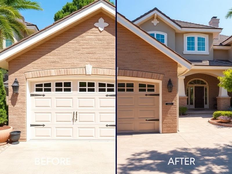 Before and after garage door installation showing dramatic curb appeal improvement in Medfield home