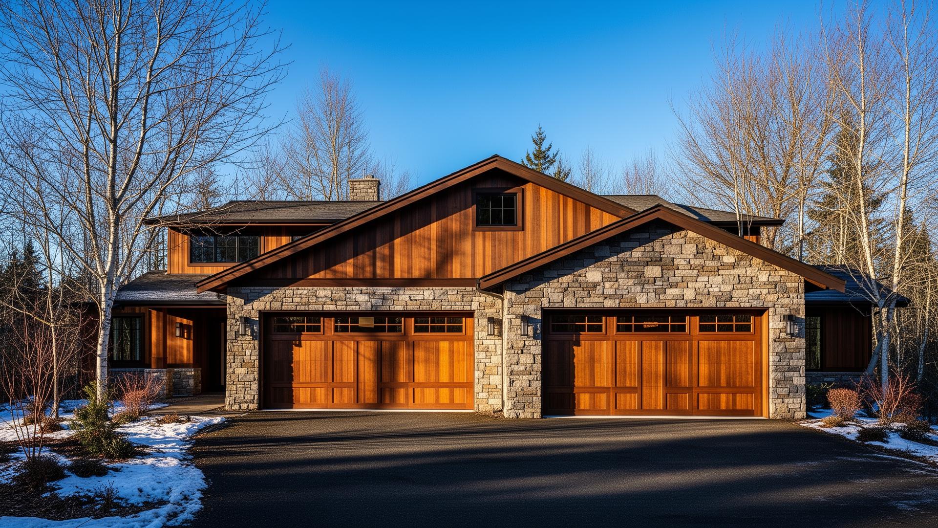 Beautiful Tuscan-inspired garage doors with stone surround on modern Pacific Northwest home